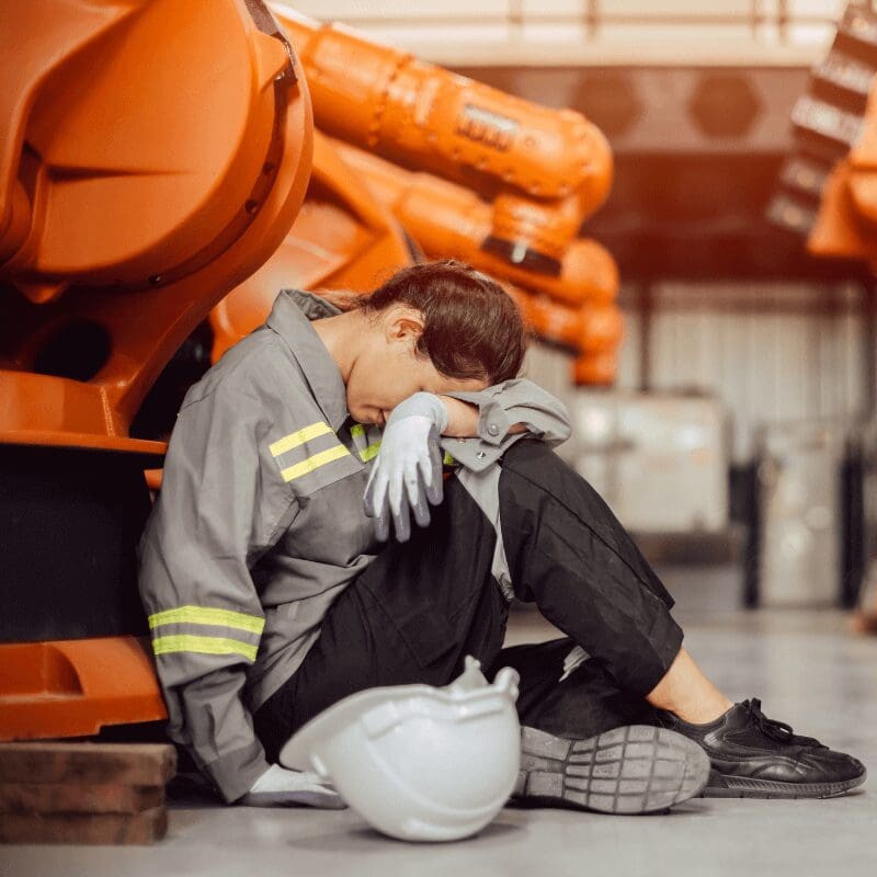 tired and dehydrated worker in factory